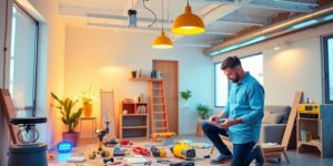 Technologie et rénovation avec outils modernes et dispositifs intelligents.