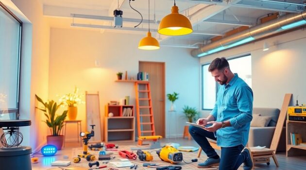 Technologie et rénovation avec outils modernes et dispositifs intelligents.