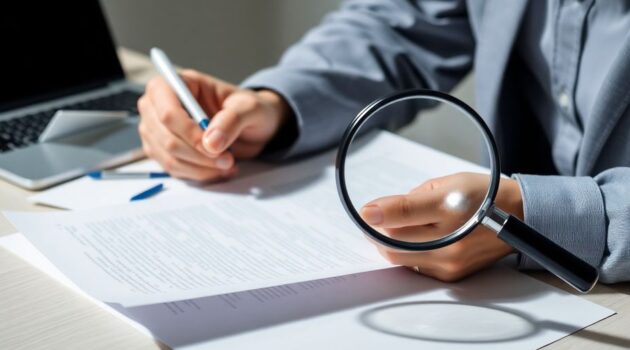 Une personne examine un contrat avec une loupe.