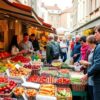 Marché coloré avec produits locaux en Belgique.
