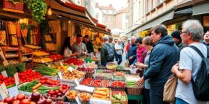 Marché coloré avec produits locaux en Belgique.