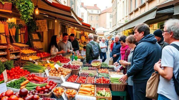 Marché coloré avec produits locaux en Belgique.
