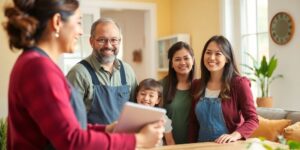 Fournisseur de services locaux aidant une famille heureuse.