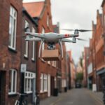 Drone livre un colis au-dessus d'une rue belge animée.