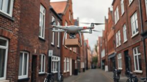 Drone livre un colis au-dessus d'une rue belge animée.