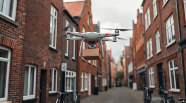 Drone livre un colis au-dessus d'une rue belge animée.