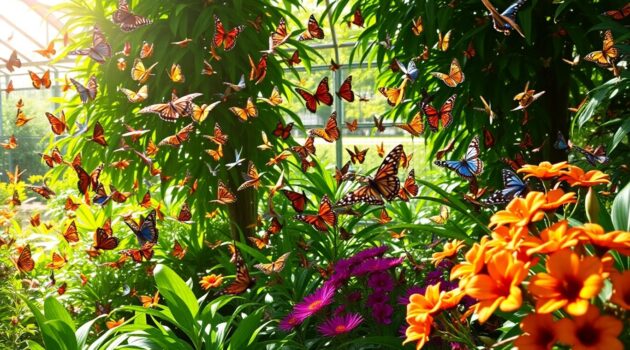 Papillons colorés dans un grand parc à papillons luxuriant.