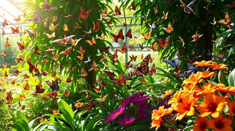 Papillons colorés dans un grand parc à papillons luxuriant.