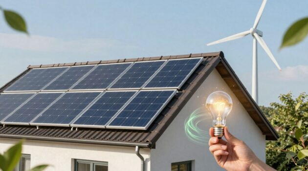 Maison avec panneaux solaires et éolienne, symbole d'énergie verte.