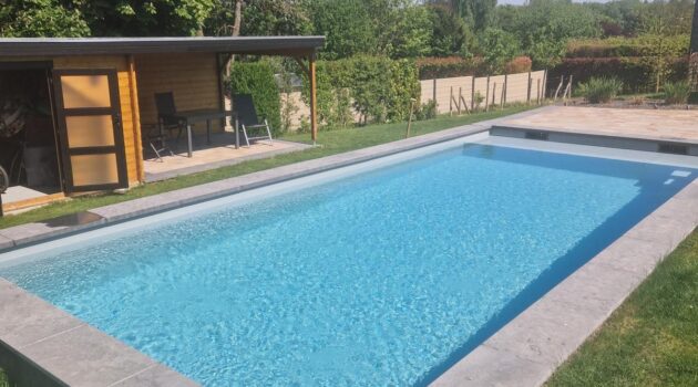Piscine construite dans un jardin belge ensoleillé.