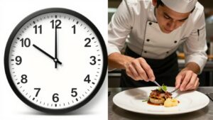 Horloge rapide face à un plat gastronomique soigné.