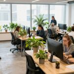 Personnes travaillant dans un espace de coworking lumineux et moderne.