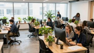 Personnes travaillant dans un espace de coworking lumineux et moderne.