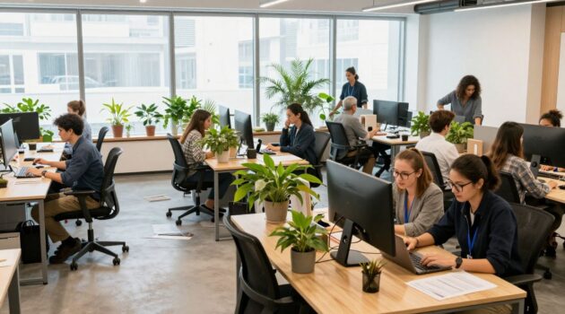 Personnes travaillant dans un espace de coworking lumineux et moderne.