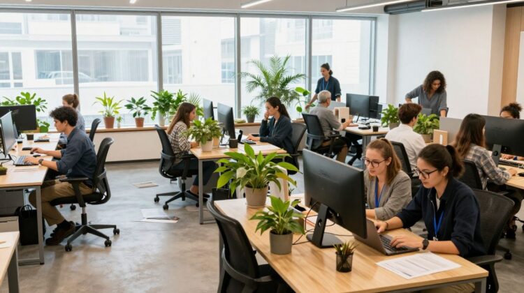Personnes travaillant dans un espace de coworking lumineux et moderne.